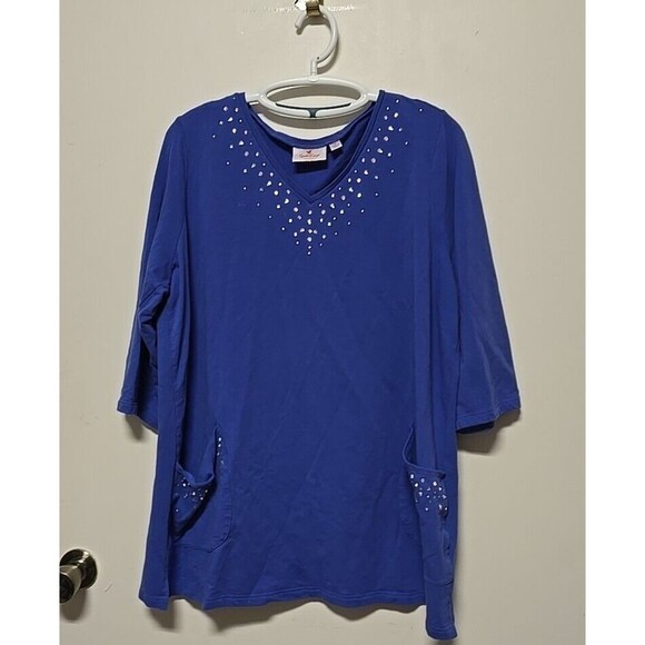 Quacker Factory 3/4-Sleeve STUDDED RHINESTONES Detail- 1X- BLUE - Picture 1 of 8
